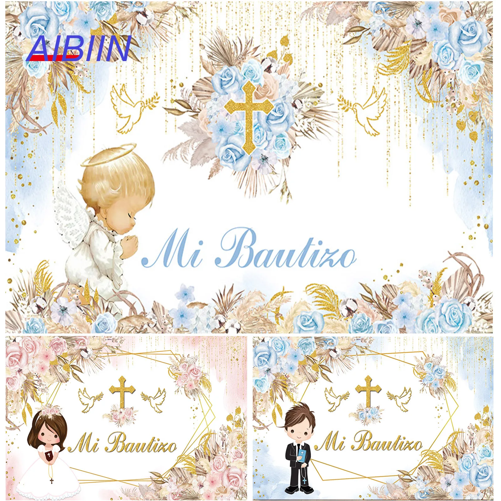 

My Baptism Backdrop Blue or Pink Bohemian Flowers Gold Cross Angel Party Decor Boy or Girl First Holy Communion Background