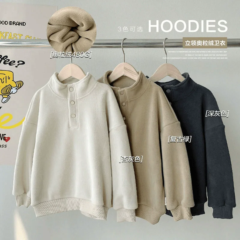 Boys Girls Fleece Sweatshirt Autumn Winter Kids Thick Plush Velvet Warm Pullover Teen Stand Collar Outerwear Children Clothes