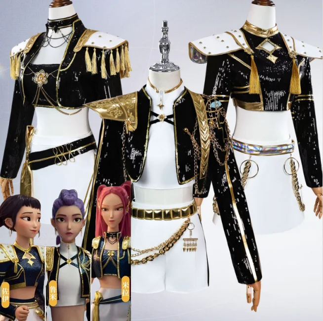 

Anime KPop Demon Hunters Cosplay Rumi Zoey Mira Costume Wig Women Black Golden Cool Suit Halloween Party Role Playing Costume