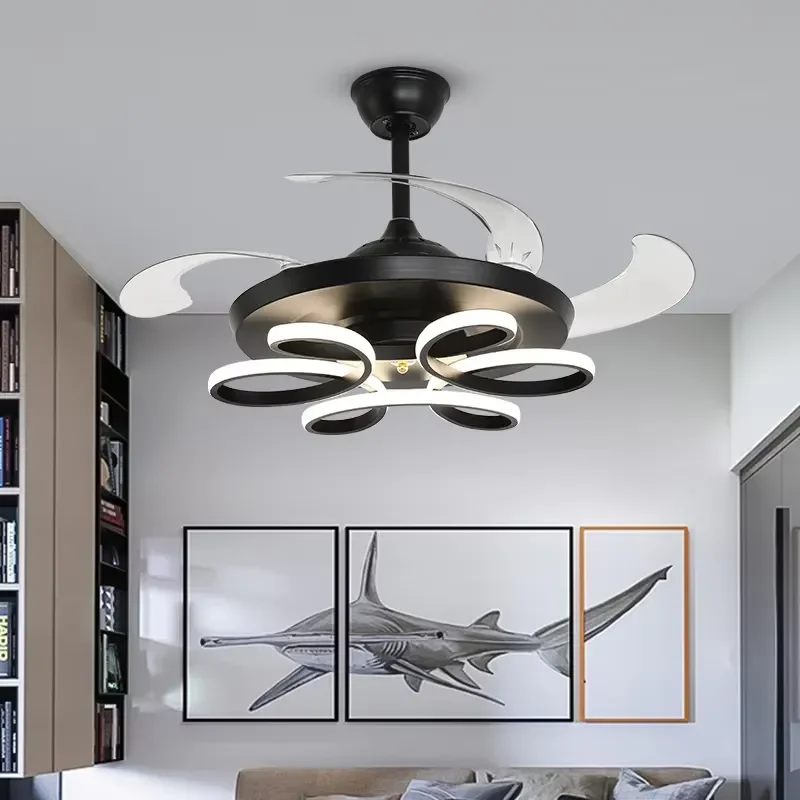 Modern LED Aluminum Fan Chandelier Retractable Invisible Remote Control Ceiling Fan Light for Living Room 3000-6000K Color