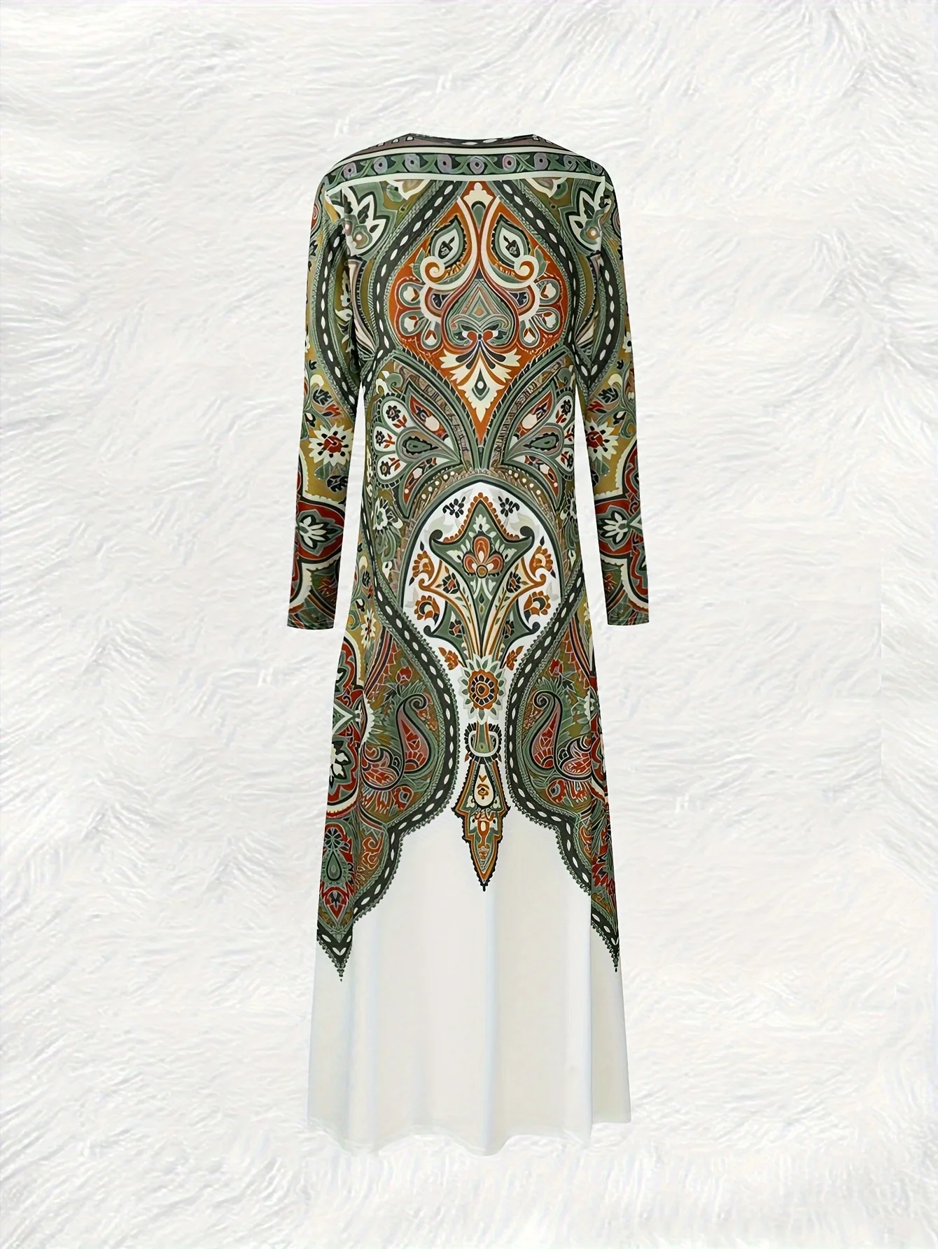 Women's Long Sleeve Round Neck Dress Vacation Style Paisley Print Green Red Gold Floral Pattern Summer Casual A Line Midi