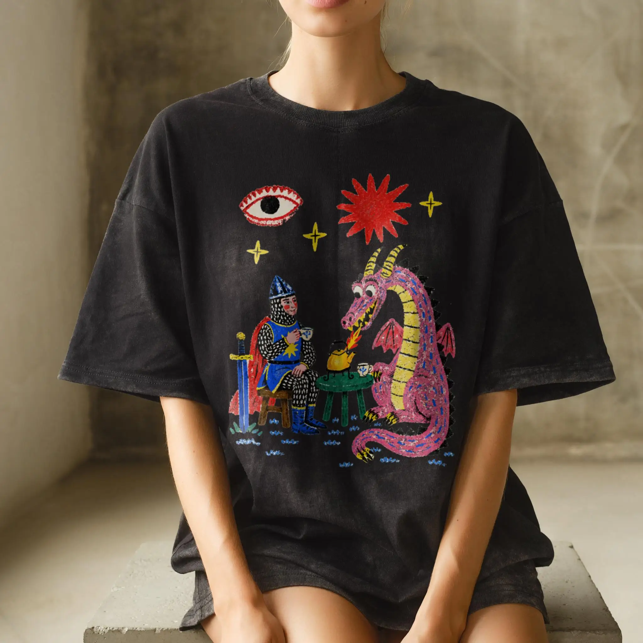 Dragon Tea Party Shirt, Knight and Pink Dragon Folk Art, Comfort Colors Tee