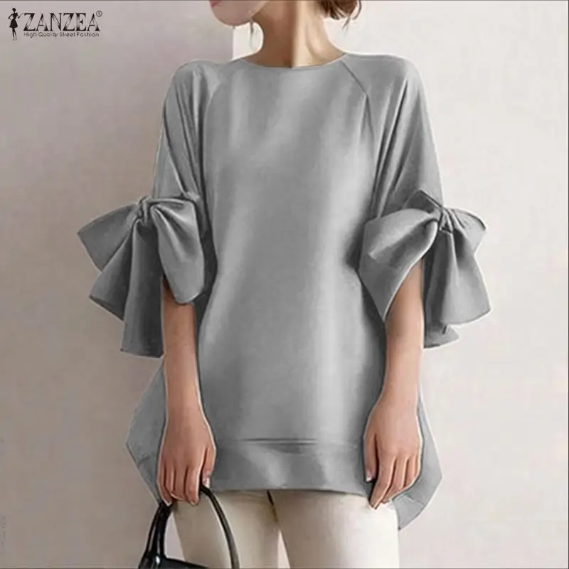 

ZANZEA 2021, стильные женские топы с рукавами 3/4, повседневные однотонные блузки с бантом, модные элегантные офисные женские рубашки, свободные рабочие корейские блузки