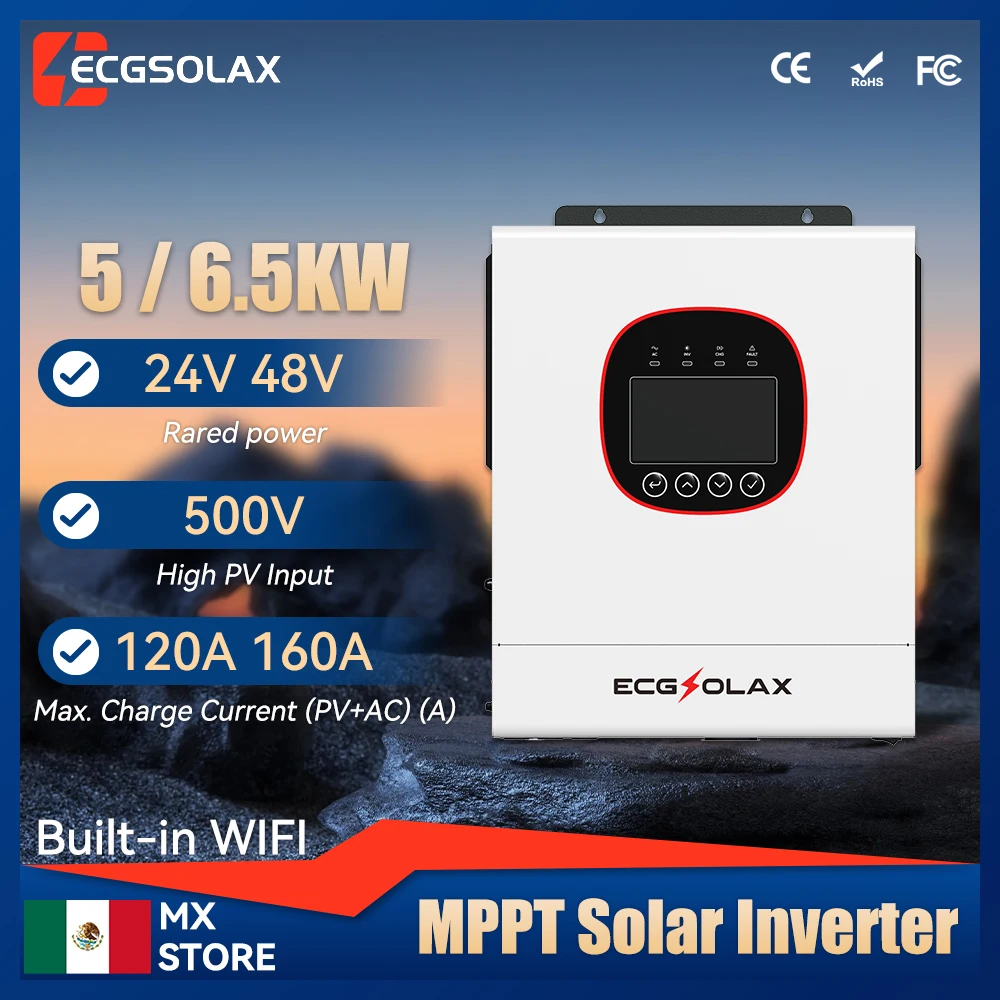 

ECGSOLAX 6.5KW 5KW Hybrid Solar Inverter Pure Sine Wave 24V 48V 230V Off Grid Inverter 160A 120A Mppt Solar Controller With WIFI