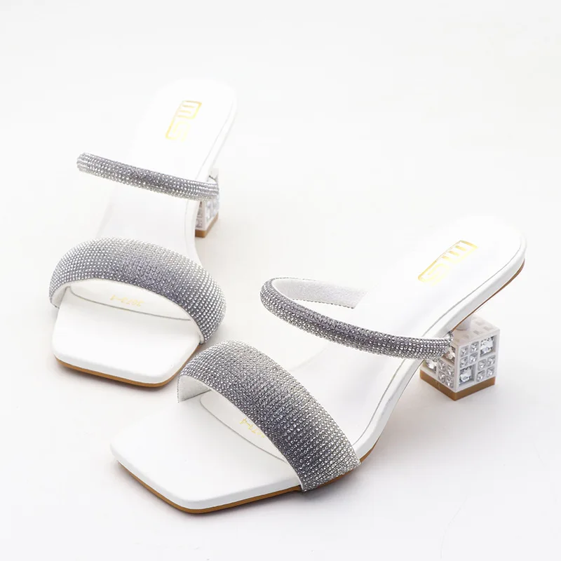 Fashion Women's Slippers 2024 New Summer Luxury Square Toe Rhinestone Shaped Heel High Heels Sandalias De Mujer Female Sandals