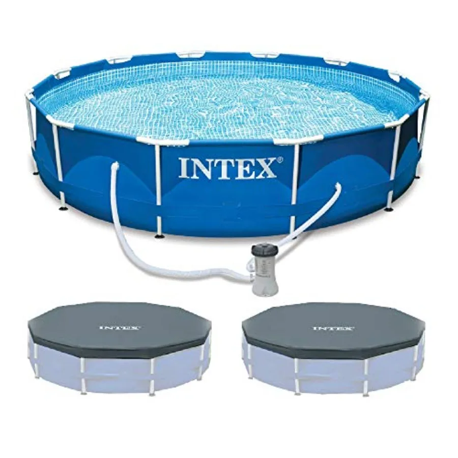 

Outdoor 12ft x 30in Round Metal Frame Swimming Pool Set for 6 People with Filter Pump Type-A Cartridge and Pool Covers 2-Pack T