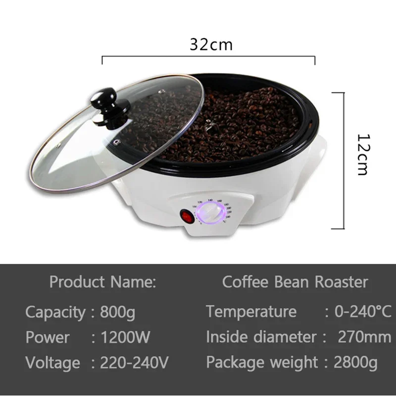 Coffee Beans Electric Roaster 1200W 220V 0-240° Non-stick Pan Anti-scalding Handle Use for Stir-fried Peanuts/Soybeans/Popcorn