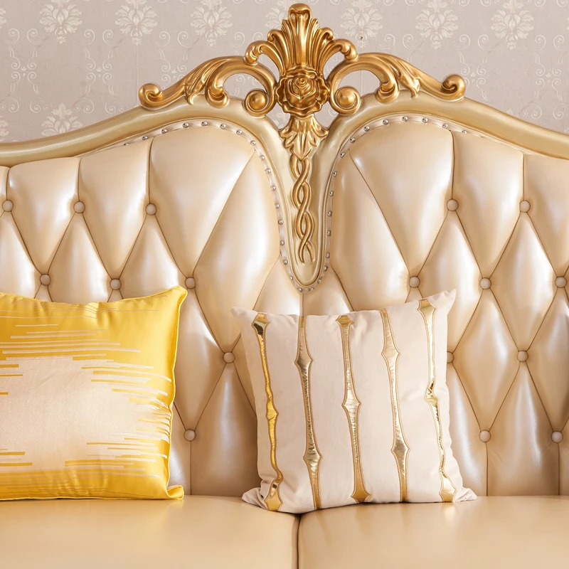 

European leather corner combination sofa solid wood carving flower luxury L-shaped concubine seat whole house set furniture gold