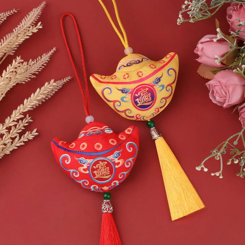 10pcs/Lot 8*9cm Red Yellow Hand-stitched Chinese Yuanbao Money Shaped Pendant Vintage Tassel Lucky Embroidery Sachet Bag