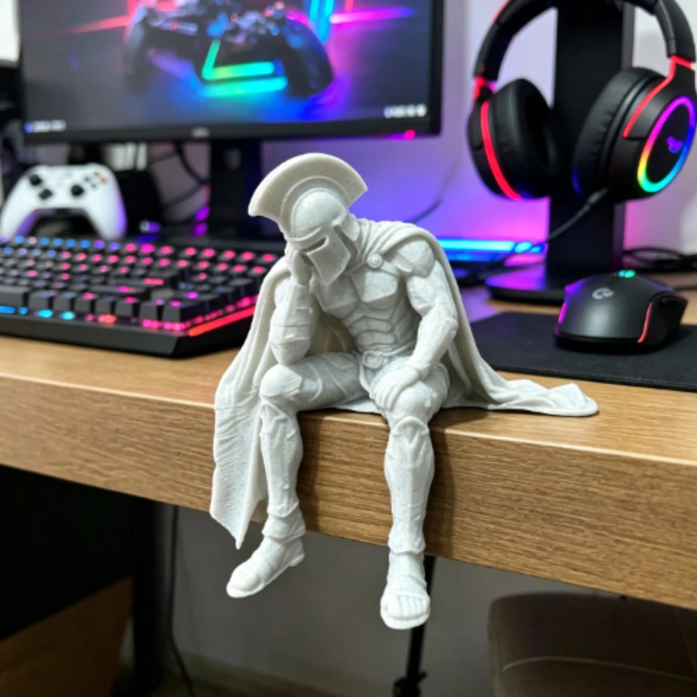 Ancient Greek Style Thinking Spartan Warrior Figurine 3D‑Printed Sitting Helmet Soldier Statue Edge‑Sitting Desk Ornaments Decor