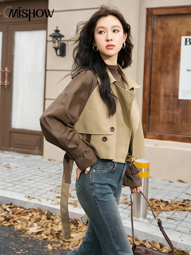 MISHOW Patchwork Leather Trench Coat Spring Autumn Single Breasted Belted Short Coat Streetwear Retro Outerwear MXC48W0157