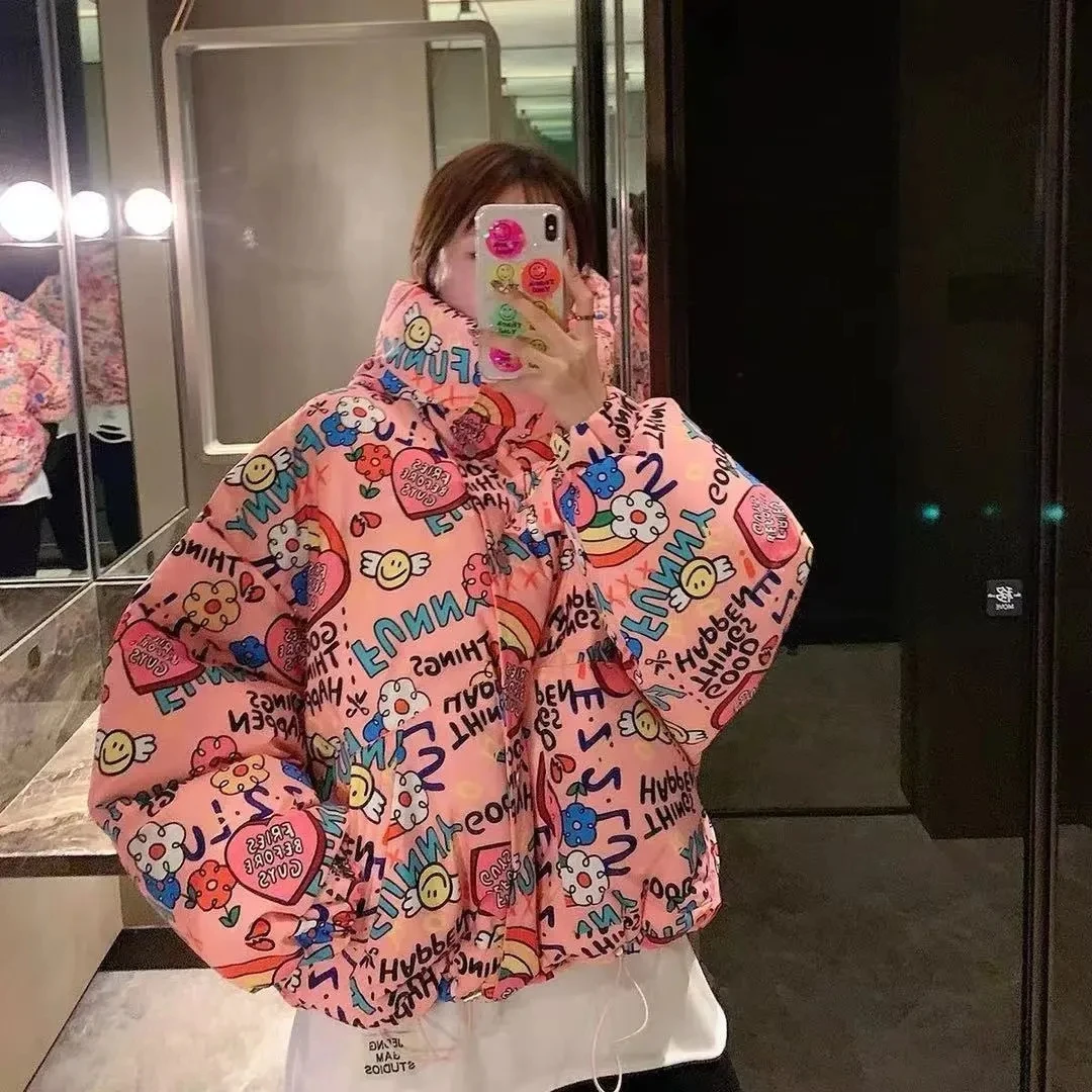 2023 Women Down Jackets Bubble Coats Winter Korean Ladylike Girls Down Jackets Sweet loose fitting student printed hooded jacket