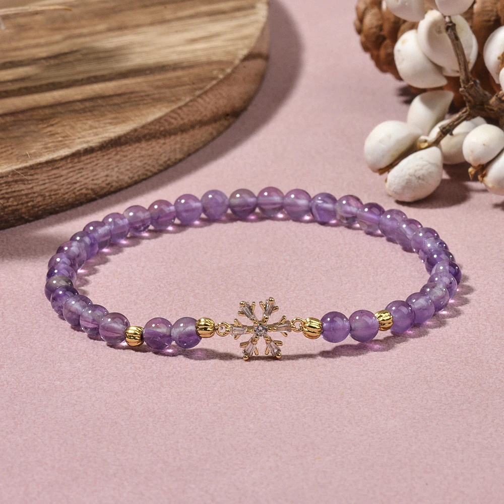 Elegant 4mm Natural Stone Tiger Eye Garnet Round Beads and Brass Snowflake Charm Stretchable Bracelet for Ladies Jewelry