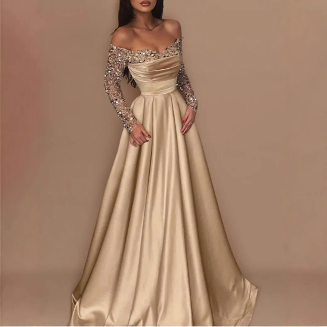 

Long Sleeve Sparkle Sequin Evening Gown 2026 Formal Party Dinner Banquet Host Dresses Elegant Off Shoulder Floor Length Dress