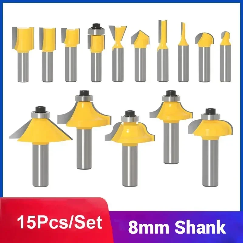 

15Pcs/Set 8 Shank Milling Cutter Set Trimming Straight Milling Cutter Wood Bits Tungsten Carbide Cutting Woodworking Tools