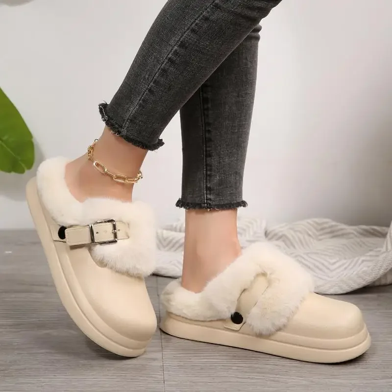 Wasserdichte EVA-Clogs mit dicker Sohle und Fellbesatz für Damen, Winter 2026, mit Metallschnalle, flauschige Outdoor-Hausschuhe, warme Plüsch-Pantoffeln für Frauen – Detail 14