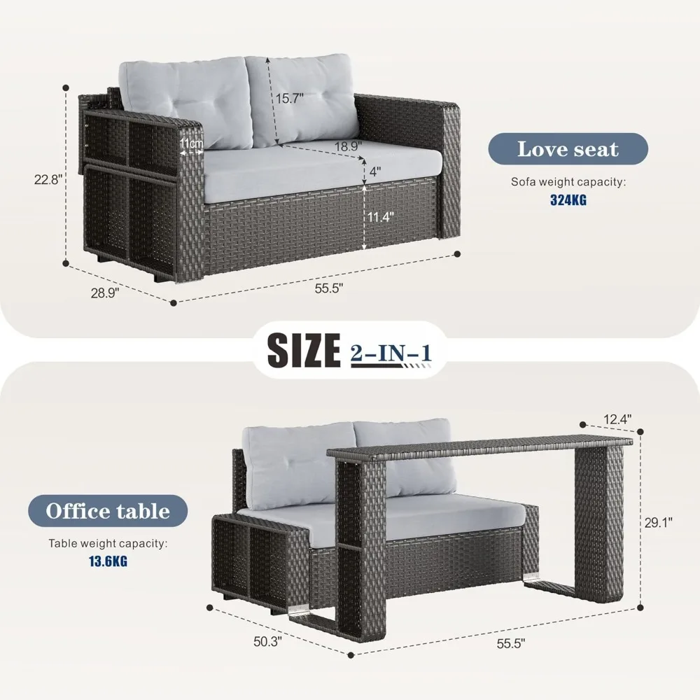 Sofá de vime para pátio com mesa longa dobrável, estrutura de aço para móveis de vime para exterior com assento profundo e encosto alto e almofada cinza