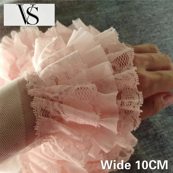 3D Fabric Pleated Chiffon Embroidered Fringe Trim Ruffle Fluffy Dress Sewing Ribbon 10CM Three Wide Layers Lace Skin Pink