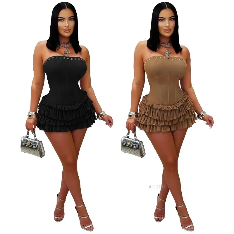 Mulheres sem alças plissado sem mangas babados em camadas midi mini vestido 2026 aniversário férias praia até vestidos