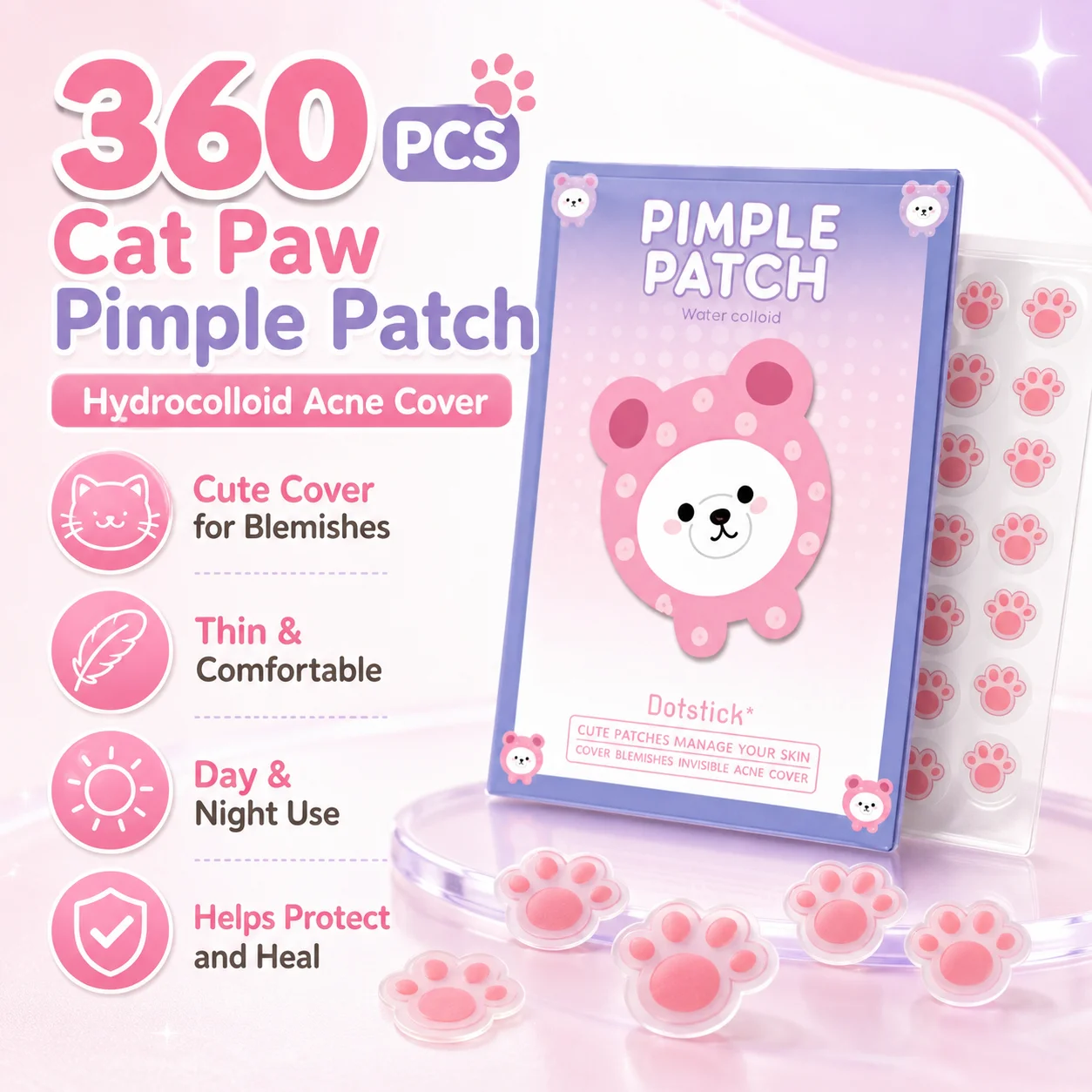 360PCS Cat Paw Shape Acne Patches Hydrocolloid Pimple Cover Stickers Pink Brown Face Spot Care