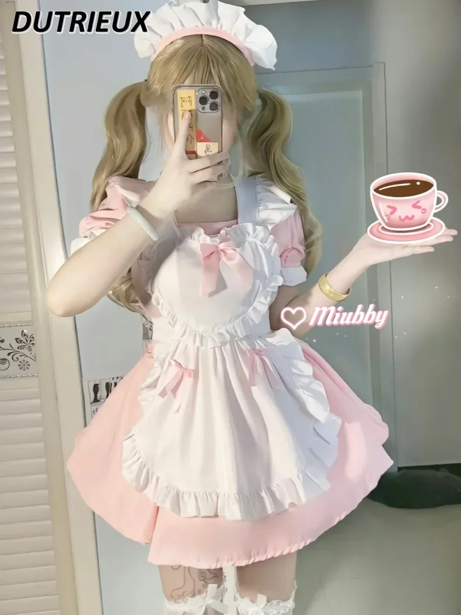 

Japanese Style Soft Girl Maid Costume Cosplay Short Sleeve Waist-Controlled Dress Sweet Bow Lolita Christmas Dresses Suit