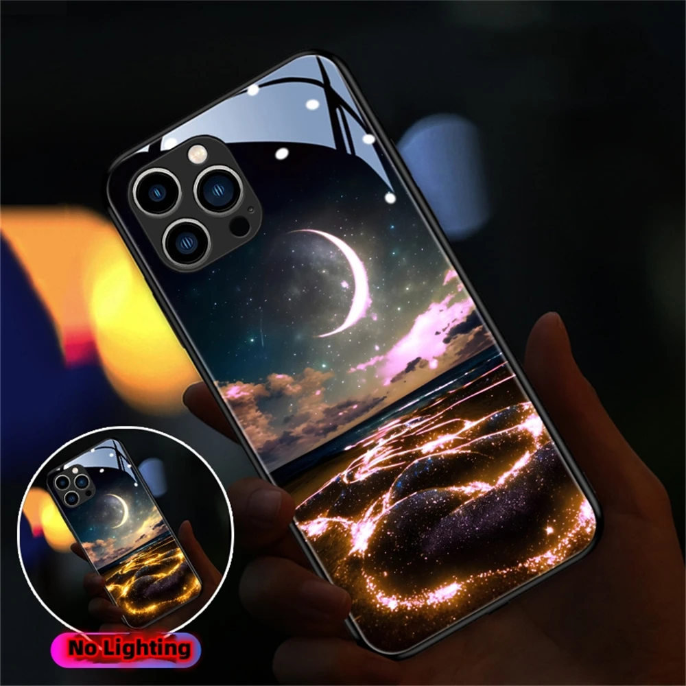 Pretty Beach Starry Sky Design Led Light Phone Case Call Flash Glitter Cover For Samsung S26 S25 S24 S23 S22 S21 S20 Plus Ultra