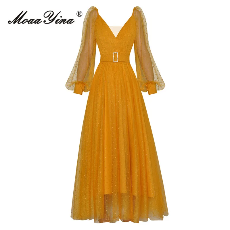 MoaaYina Fashion Designer dress Summer Women Dress Solid Color Elegant Lantern Sleeve Belt Slim Big Swing A-Line Long Dress