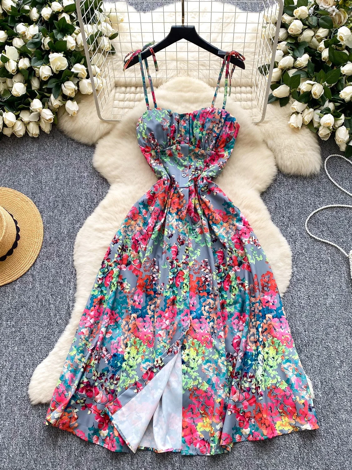 Retro Floral Print Maxi Dr Women's Summer Asymmetrical Hem Slimming Ele Midi Skirt Korean Sle High Waist Polyester F...