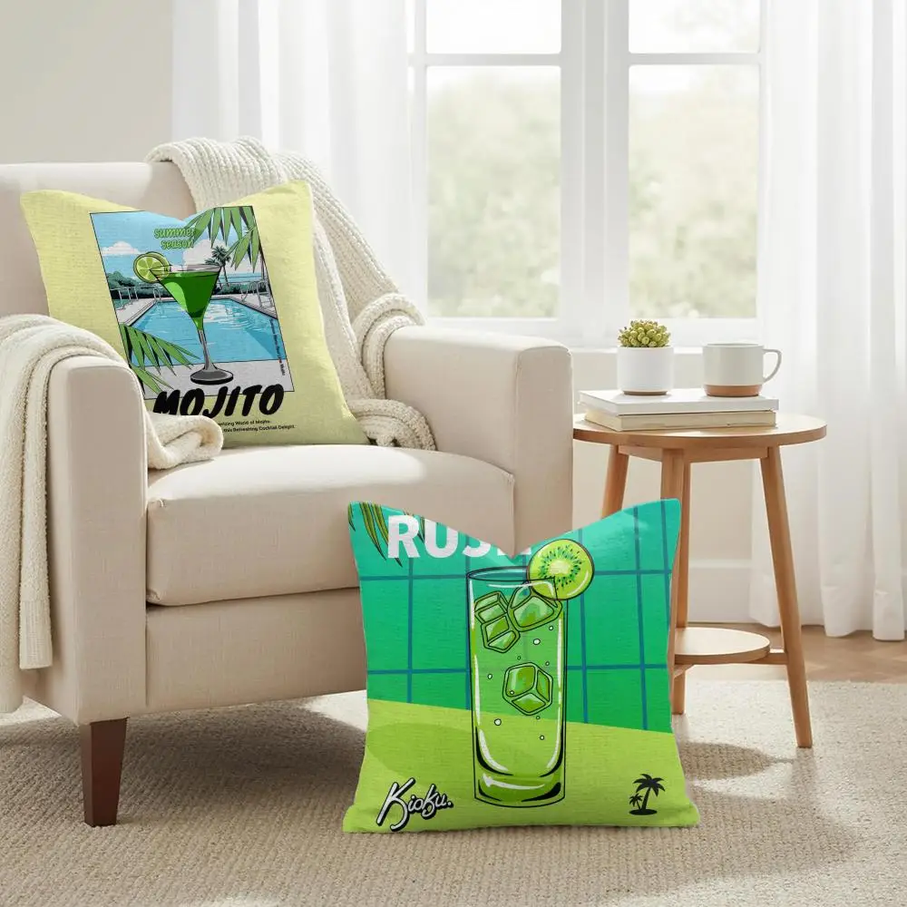 Art Mojito Cocktail Cushion Cover Double-Sided Printed Organic Linen Pillow Cover, Decorative for Sofa Home