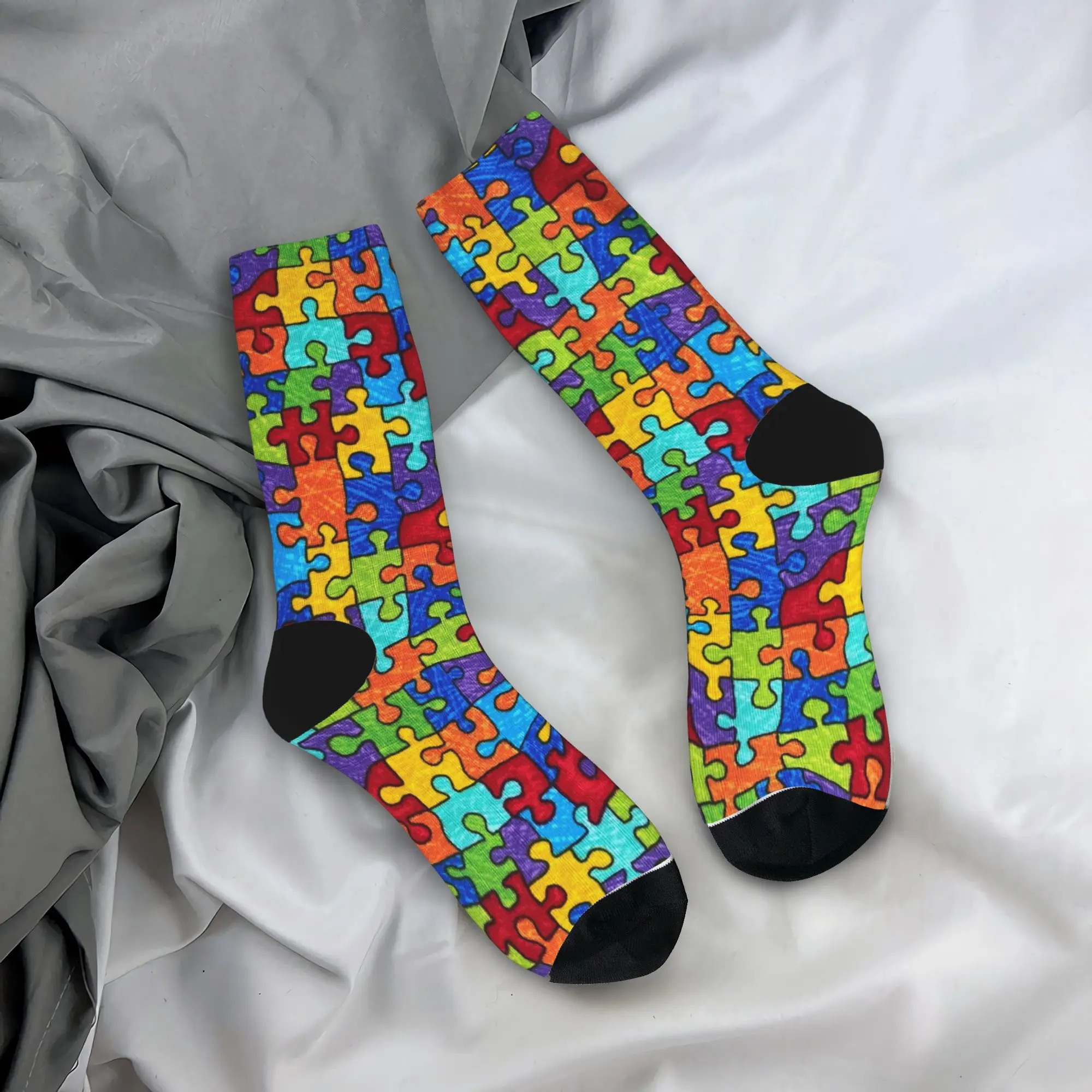 

Autism Awareness Rainbow Puzzle Crayon Style Socks Spring Stockings Gothic Men Soft Socks Printed Running Sports Non Slip Socks
