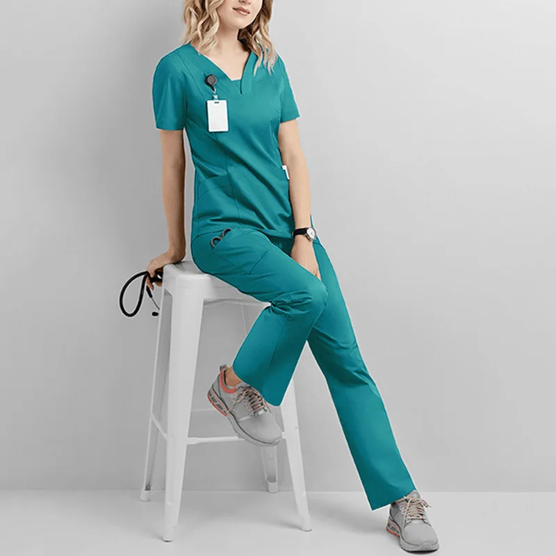 Women's Medical Scrubs Set Short Sleeve V-Neck Top Elastic Pants Breathable Stretch Workwear for Nurses Doctors Dental Clinics