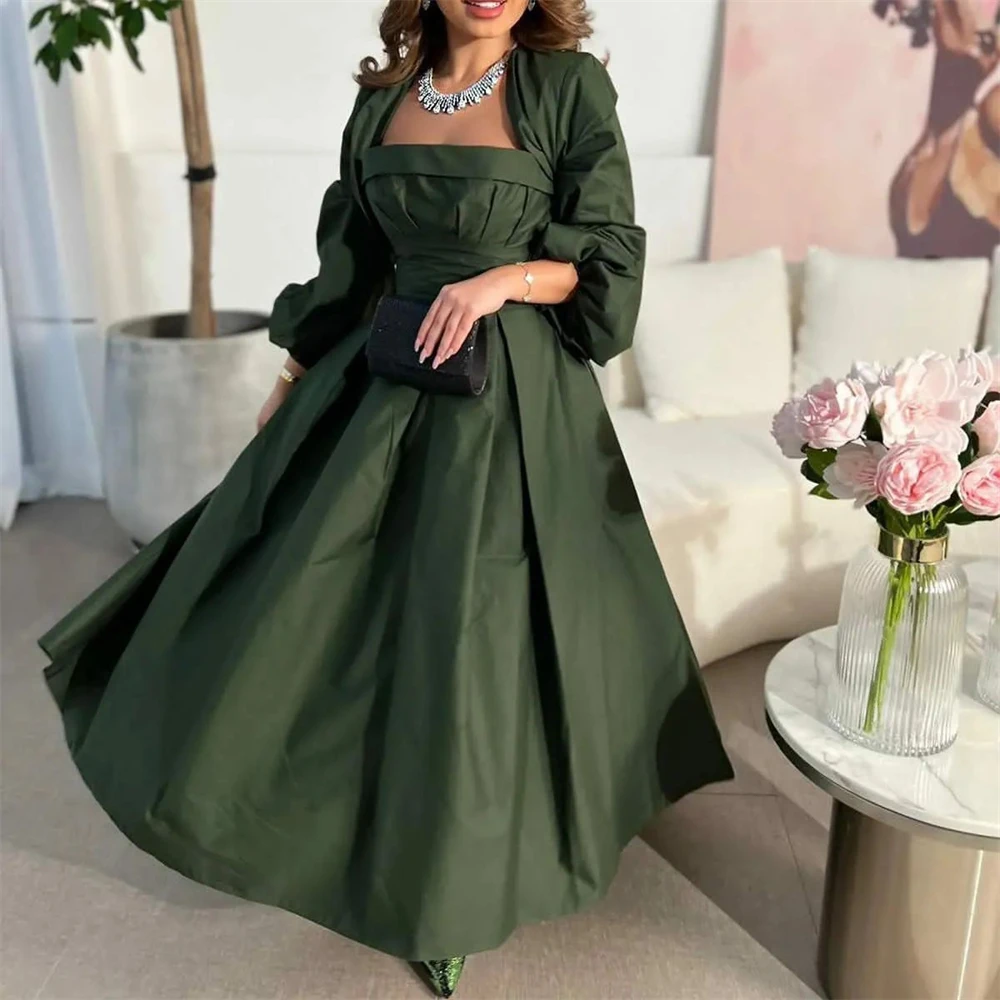 

Simple Dark Green Square Collar A-Line Formal Occasion Prom Dresses Floor-length Women Evening Party Dress فساتين السهرة