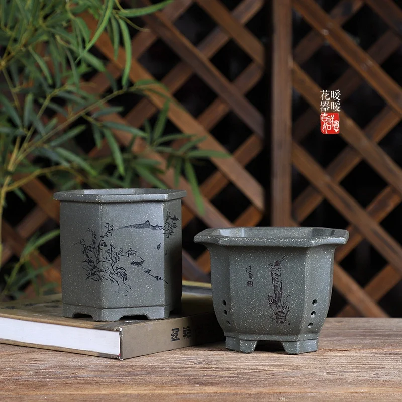 Handmade Carved Pottery Flower Shape Bonsai Pot, Green Sand, Traditional Chinese Garden Decoration