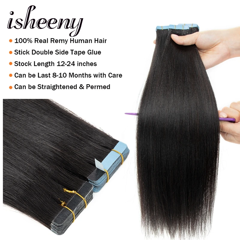 ياكي خفيف شريط مستقيم-وصلات شعر للنساء ، شعر بشري ريمي سلس ، أسود طبيعي ، 12 بوصة-24 بوصة