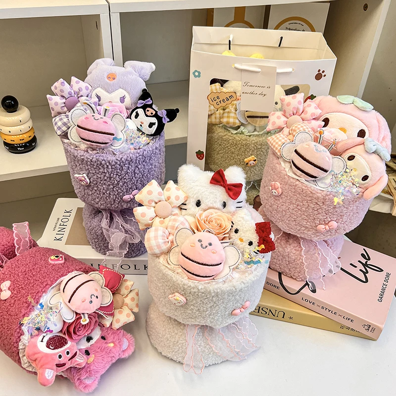 Sanrio Hello Kitty bukiet Cute Cartoon nowa lalka kwiat Cinnamoroll Kuromi moja melodia zabawki dziewczyna z kwiatami dziecko prezenty świąteczne