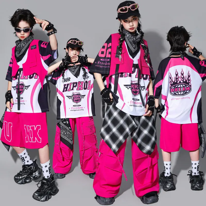 Boys Streetwear Hip Hop Clothes Set Rose Vest Shorts Print T-shirt Street Dance Outfit Group Jazz Cool Stage Performance Costume
