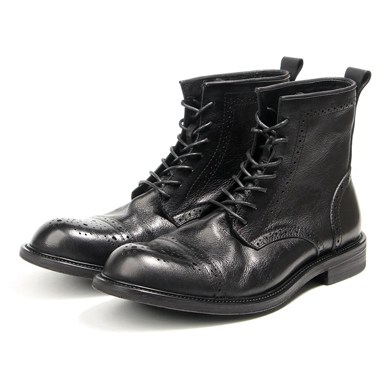 a106 High Quality Male Shoes Lace-Up Men Casual Round Toe Real Leather Boots Fashion Cool Genuine Leather Carved Block Shoes