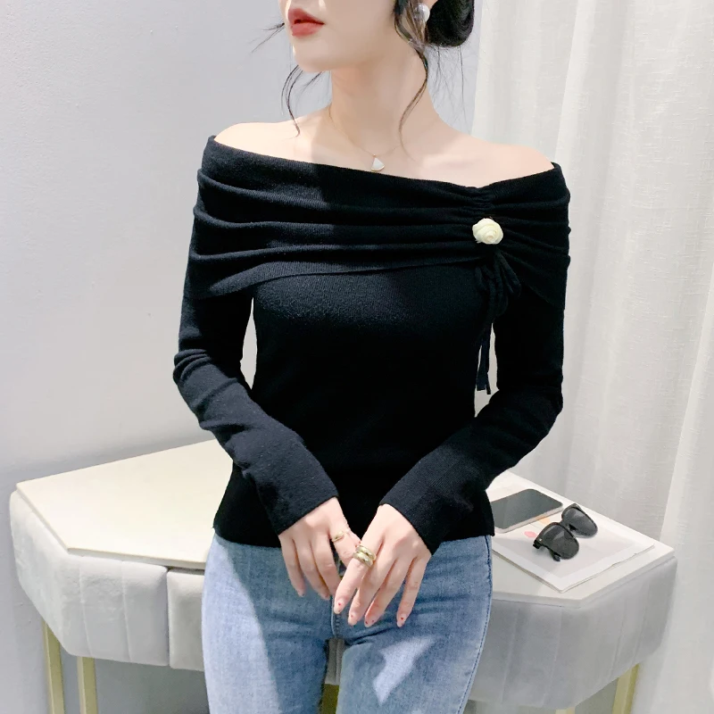 

Black,Korean,Style,Fall,Winter,Knitted,Sweater,Chic,Sexy,Off Collar,Patchwork,Lace Up,Elastic,Women,Long Sleeves,Tops,New,410150