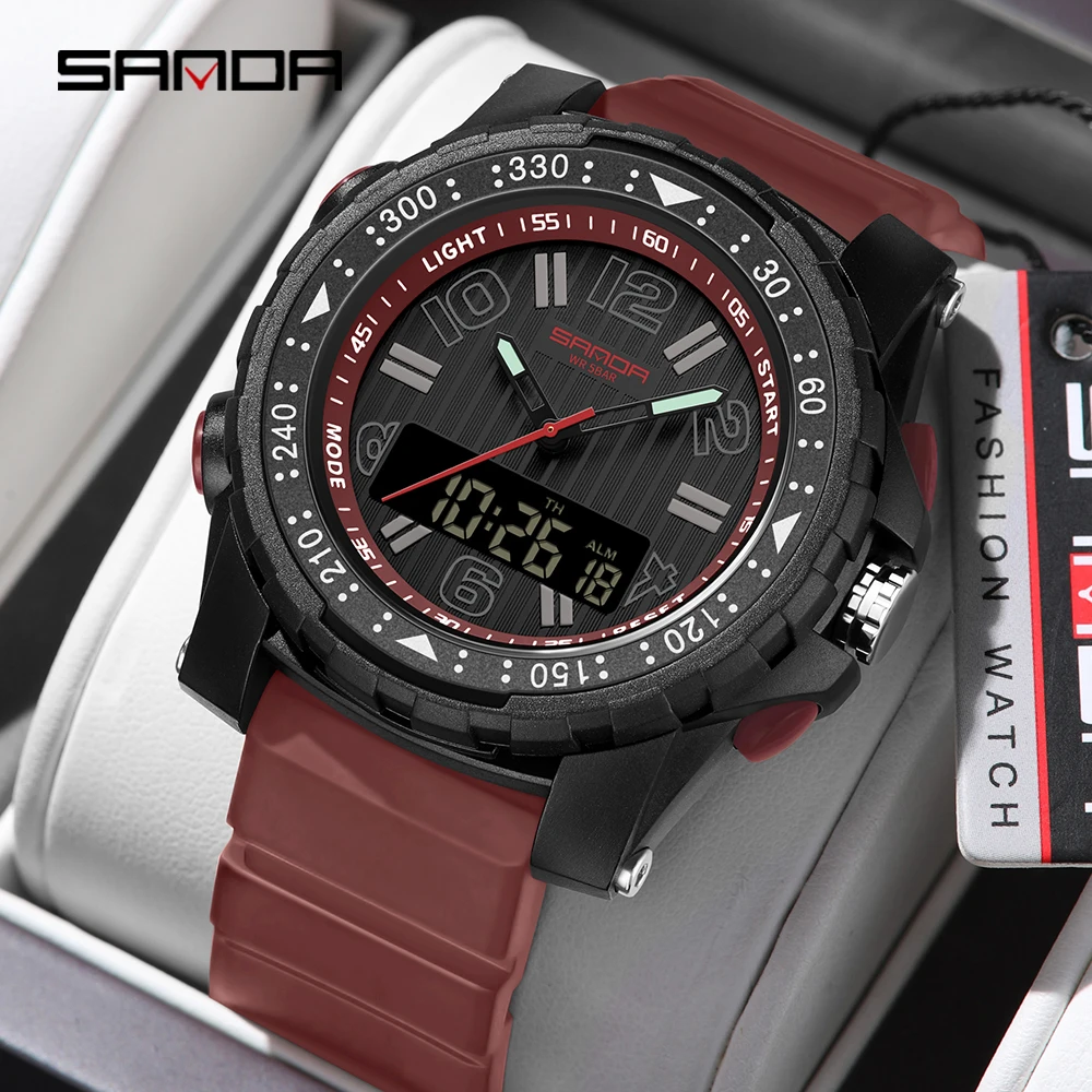 SANDA 3375 Luxury Fashion Men's Electronic Quartz Watch 2024 Sport Multi functional Waterproof LED Men's Electronic Watch