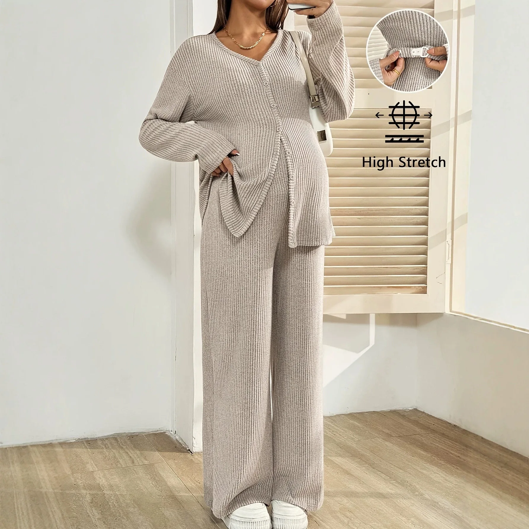 Winter Clothing Pants - ชุดชั้นในและชุดลำลองสำหรับคุณแม่ตั้งครรภ์ เสื้อผ้าสำหรับหญิงตั้งครรภ์ ชุด 2 ชิ้น เสื้อถักสำหรับฤดูใบไม้ร่วงและฤดูหนาว