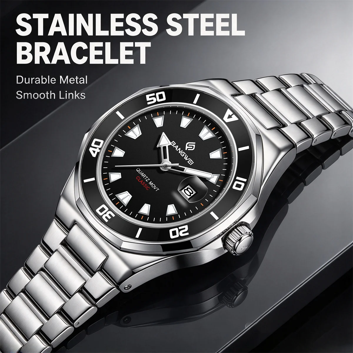 BANMGWEI Fashion Men Business Watches Stainless Steel Band Men Calendar Quartz Watch Casual Clock Sports Wristwatch Hombre