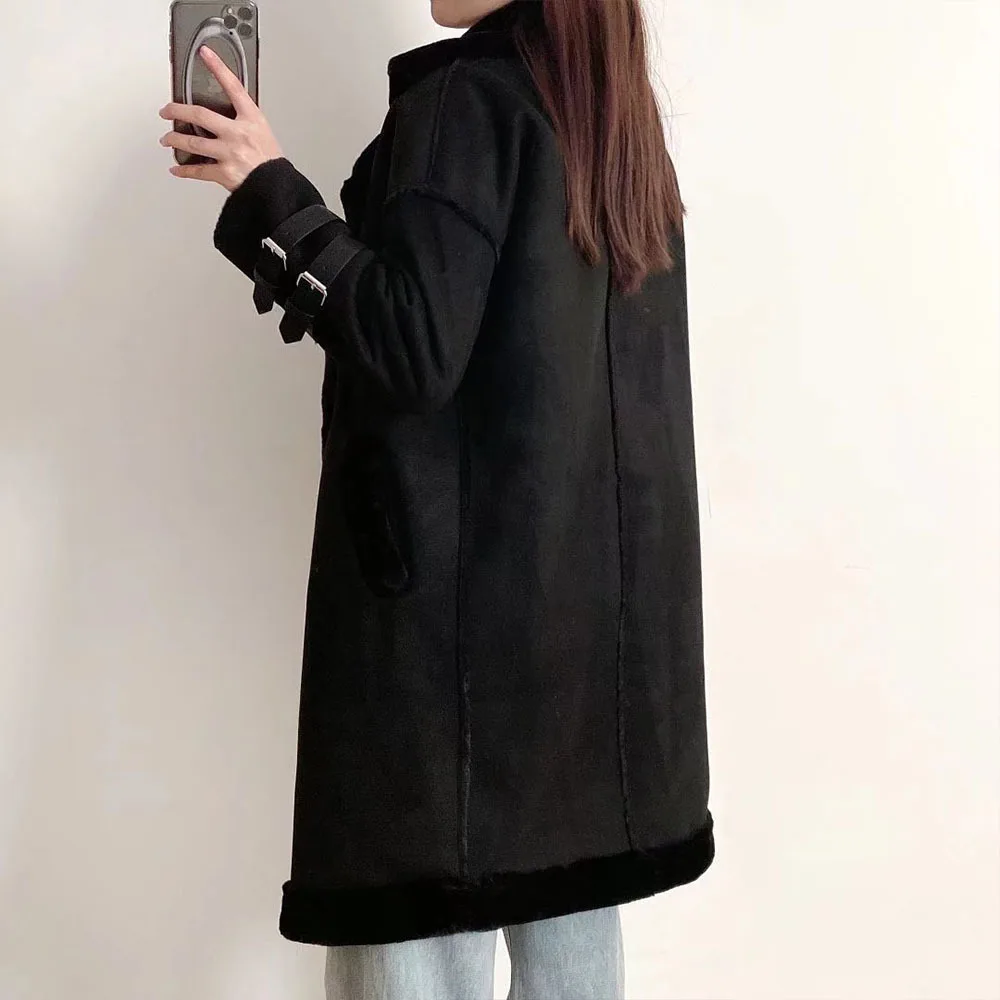 2023 Winter Women Fake Lambswool Long Coat Elegant Warm Long Suede Jacket Women Casual Brown Coats Femme Overcoat Streetwear