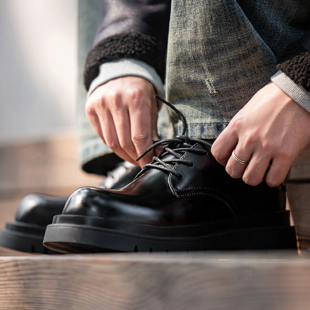 

Туфли-дерби Mra Brand для пар, с круглым носком, черные, на толстой подошве 4,5 см, повседневные кожаные туфли с увеличением роста