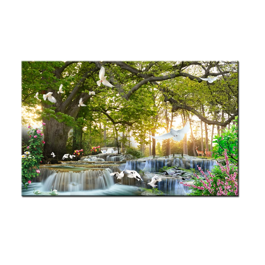 

Canvas Print Painting Forest Waterfall Landscape Nature Flowers HD Picture Wall Art Living Room Home Decor HYS2002