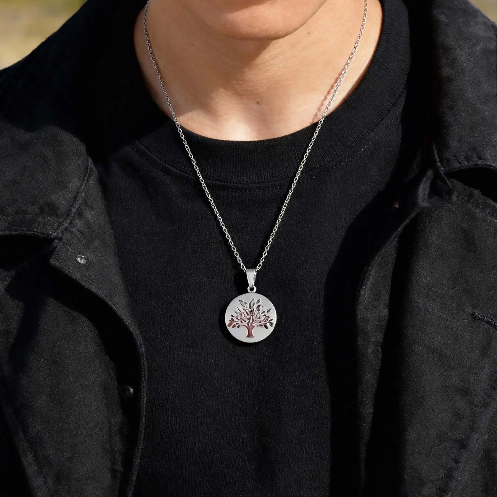 カスタムピクチャー生命の樹ネックレス、男性、男の子用、ステンレススチールラウンドロケットネックレス、パーソナライズされたジュエリーギフト