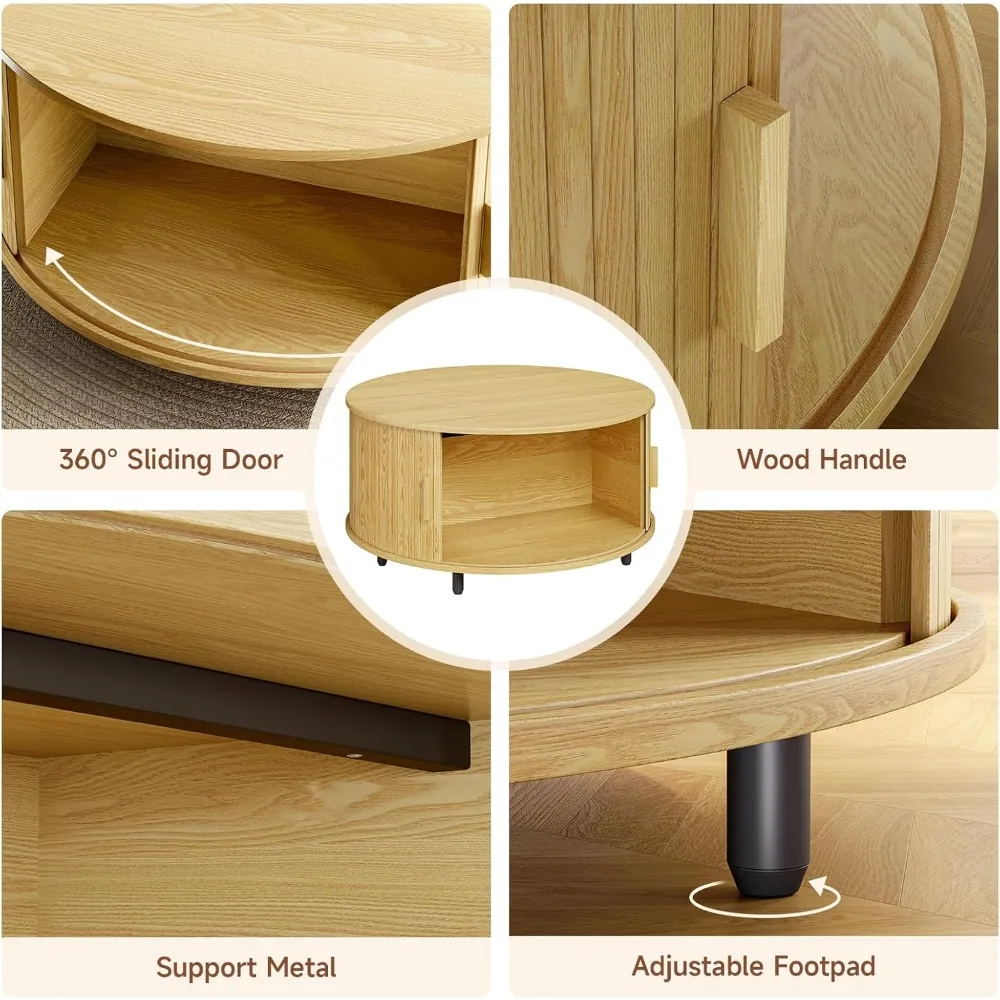 طاولة قهوة مستديرة مع مساحة تخزين، 31.5 طاولة قهوة حديثة مع 360 درجة °   باب منزلق منحني، طاولة قهوة خشبية مخددة