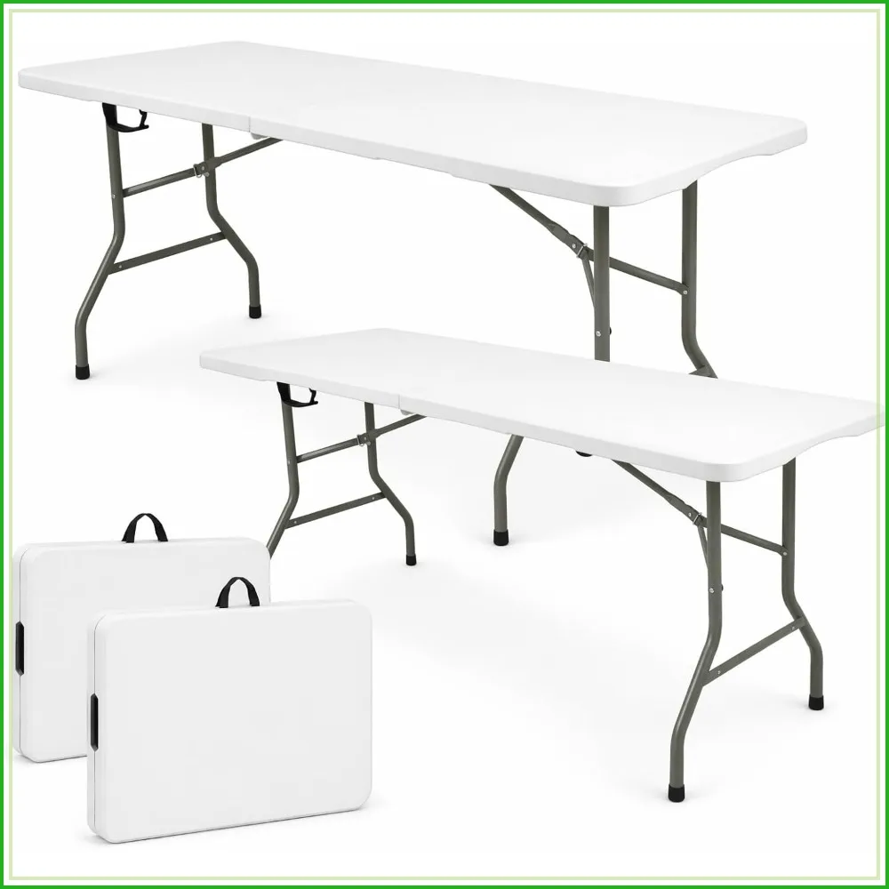 

Set of 2 Folding Table 6 FT Lightweight Camping Table White Portable Plastic Rectangular Outdoor Dining Table Steel Legs Fold-in-Half with Carrying Handle for Indoor,Picnic,Party,Wedding,Events