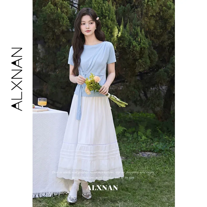 ALXNAN Blue Thin Knit Short Sleeve T-shirt with Waist Tie Elegant Summer Top for Women 2026 Fashion Casual Female Tees L65891A