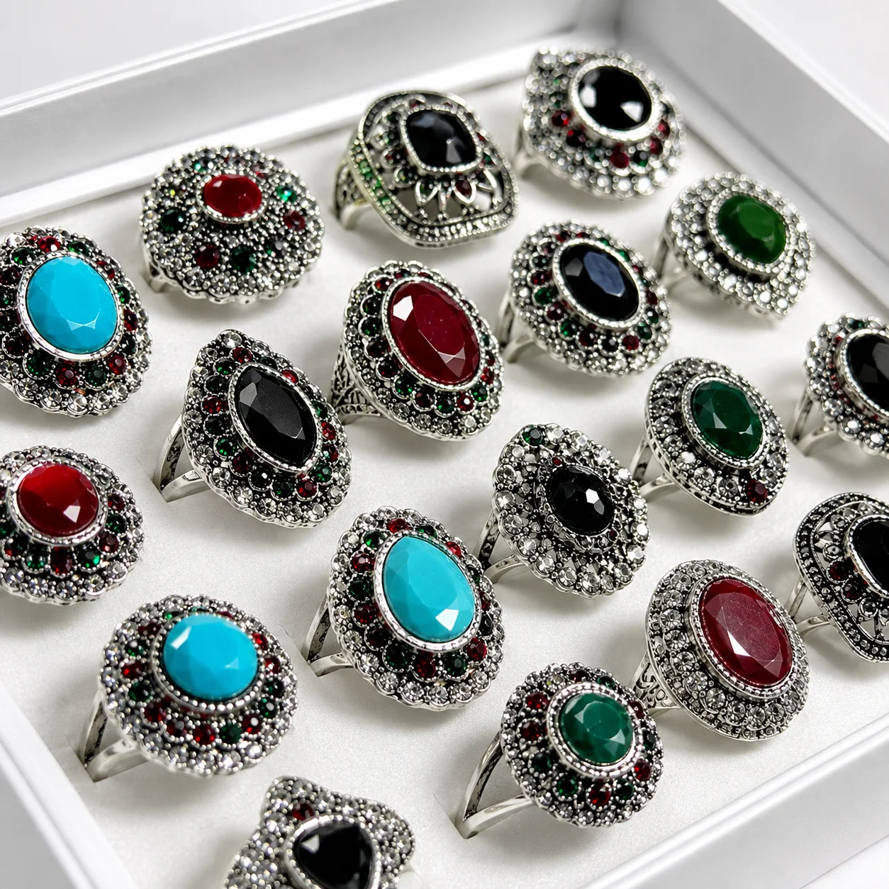20Pcs/Lot Vintage Antique Silver Rings Women Boho Crystal Rhinestone Mixed Colors Alloy Jewelry Wholesale Bulk Resale Lot PF4214
