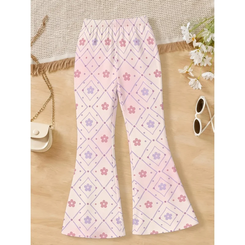 2026 Girls All Over Print Flare Pants Stretchy Bell Bottom Leggings Elastic Waist Pants for Tween Teens Back to School Outfit